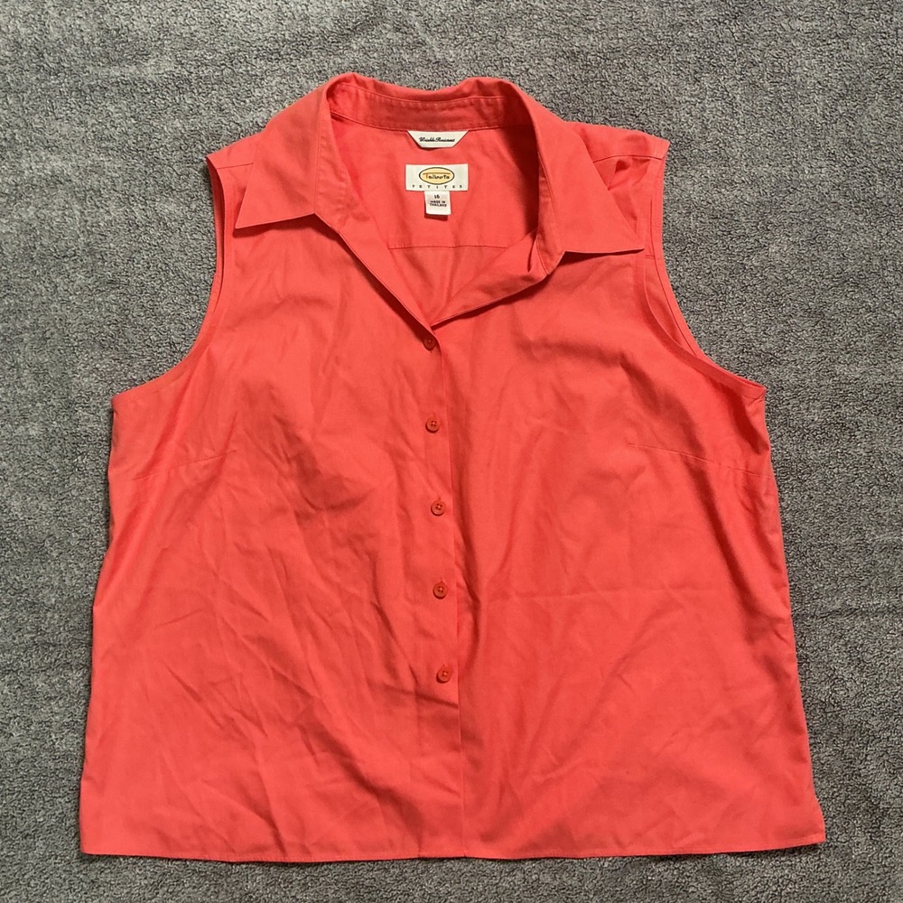 Talbots Petites Coral Pink Sleeveless Button Down Shirt Wrinkle Resistant Sz 16P